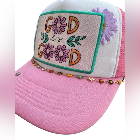 God Is Good Pink Floral Patch Trucker Hat Cap with Floral Chain - Picture 6 of 8